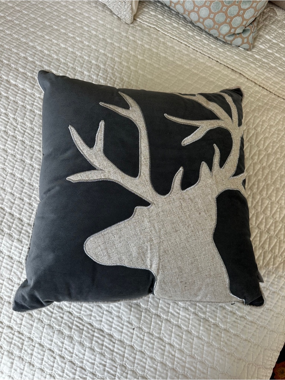 Black and Gray Velvet and Linen Stag Deer Applique Throw Pillow - never used